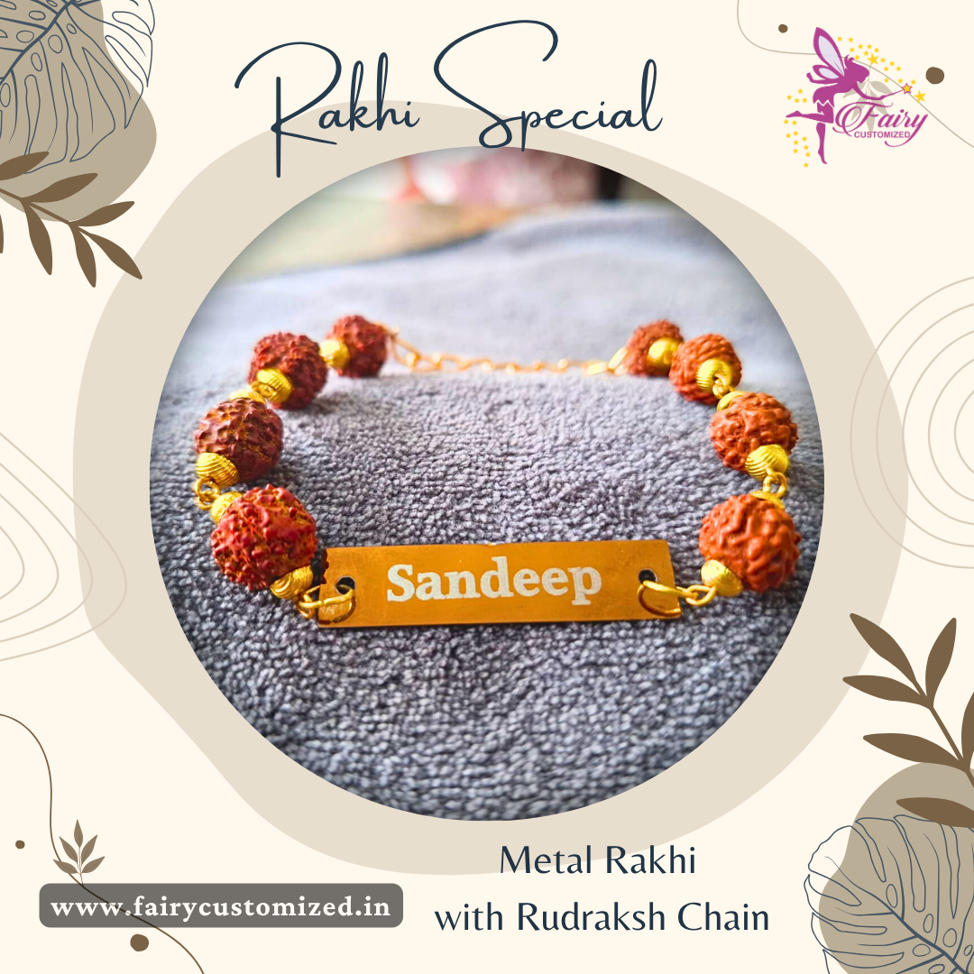 Personalized Metal Rakhi with Rudraksh Chain – Custom Name Engraving