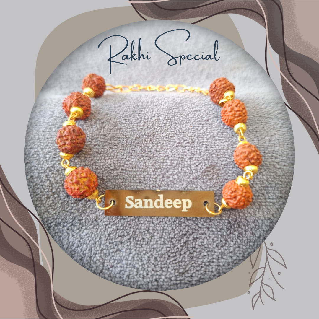 Personalized Metal Rakhi with Rudraksh Chain – Custom Name Engraving