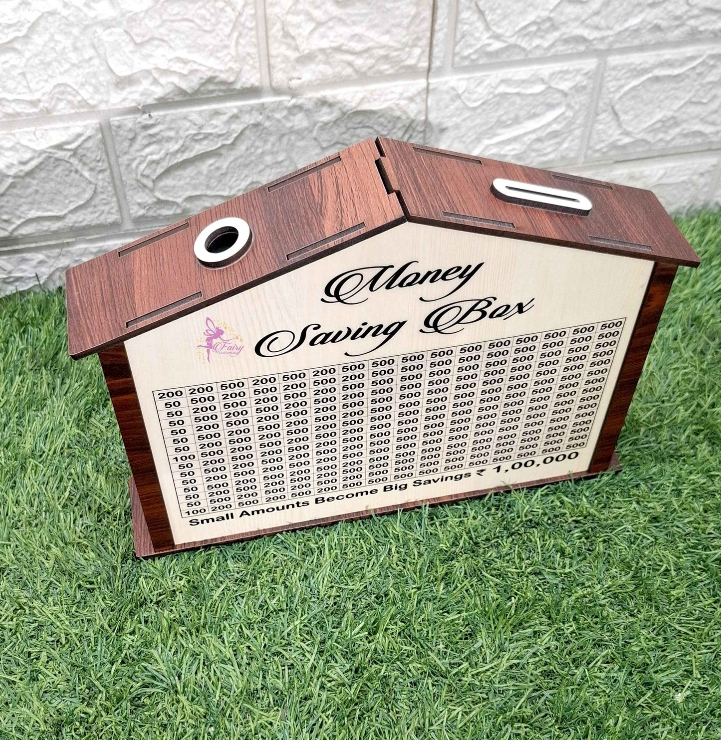 Customized Money Saving Box – Wooden House Design    Customized With name and photo