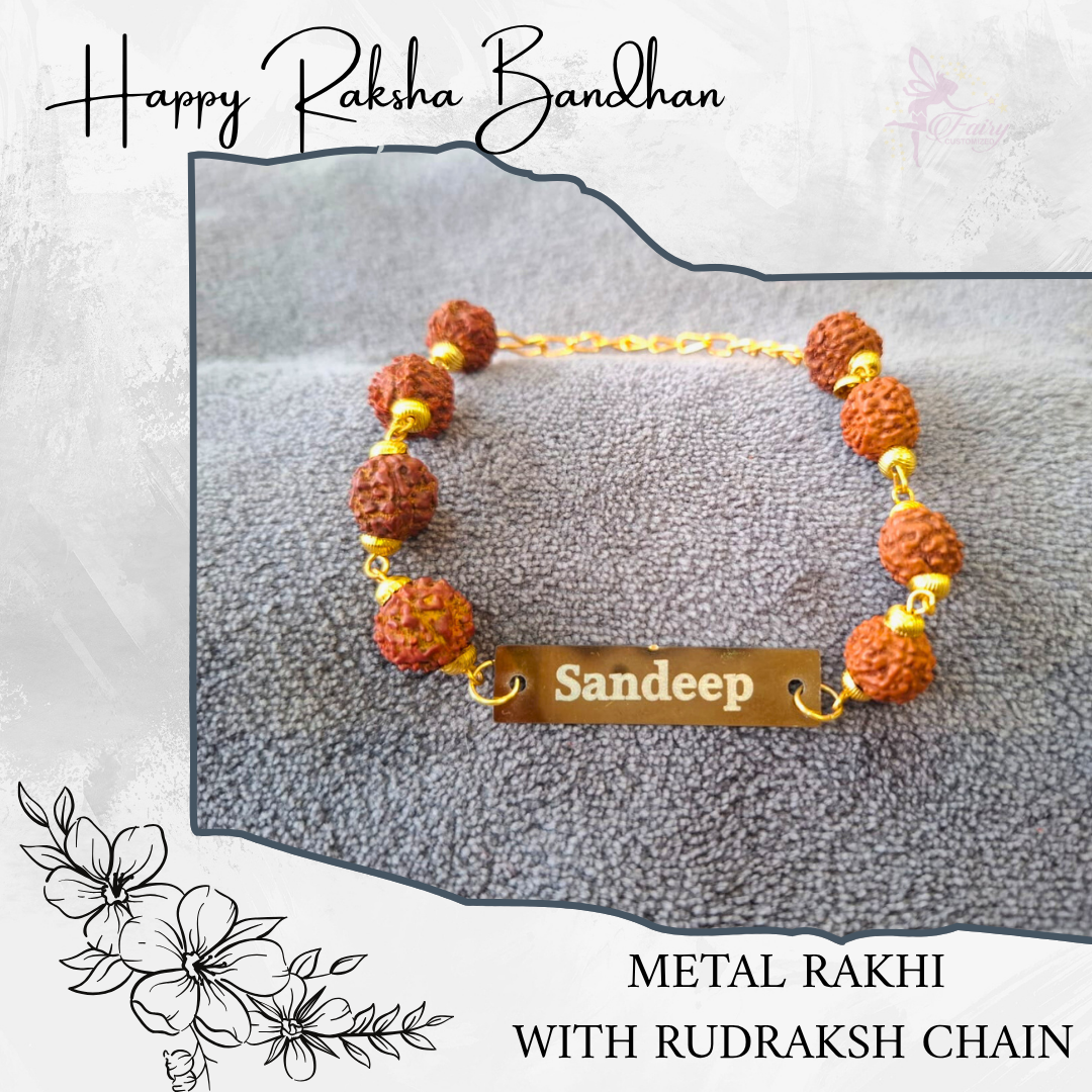 Personalized Metal Rakhi with Rudraksh Chain – Custom Name Engraving