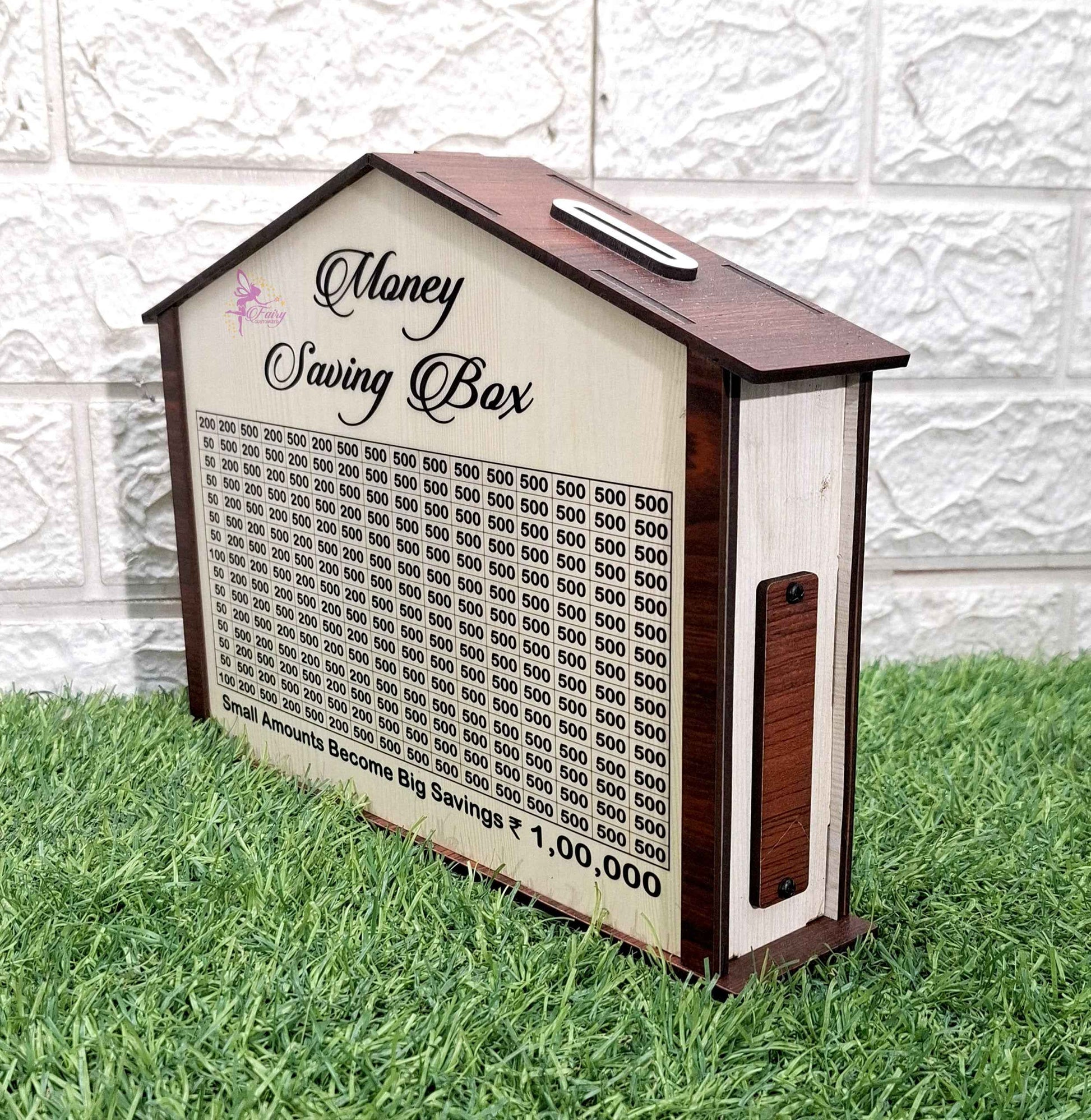Customized Money Saving Box – Wooden House Design    Customized With name and photo
