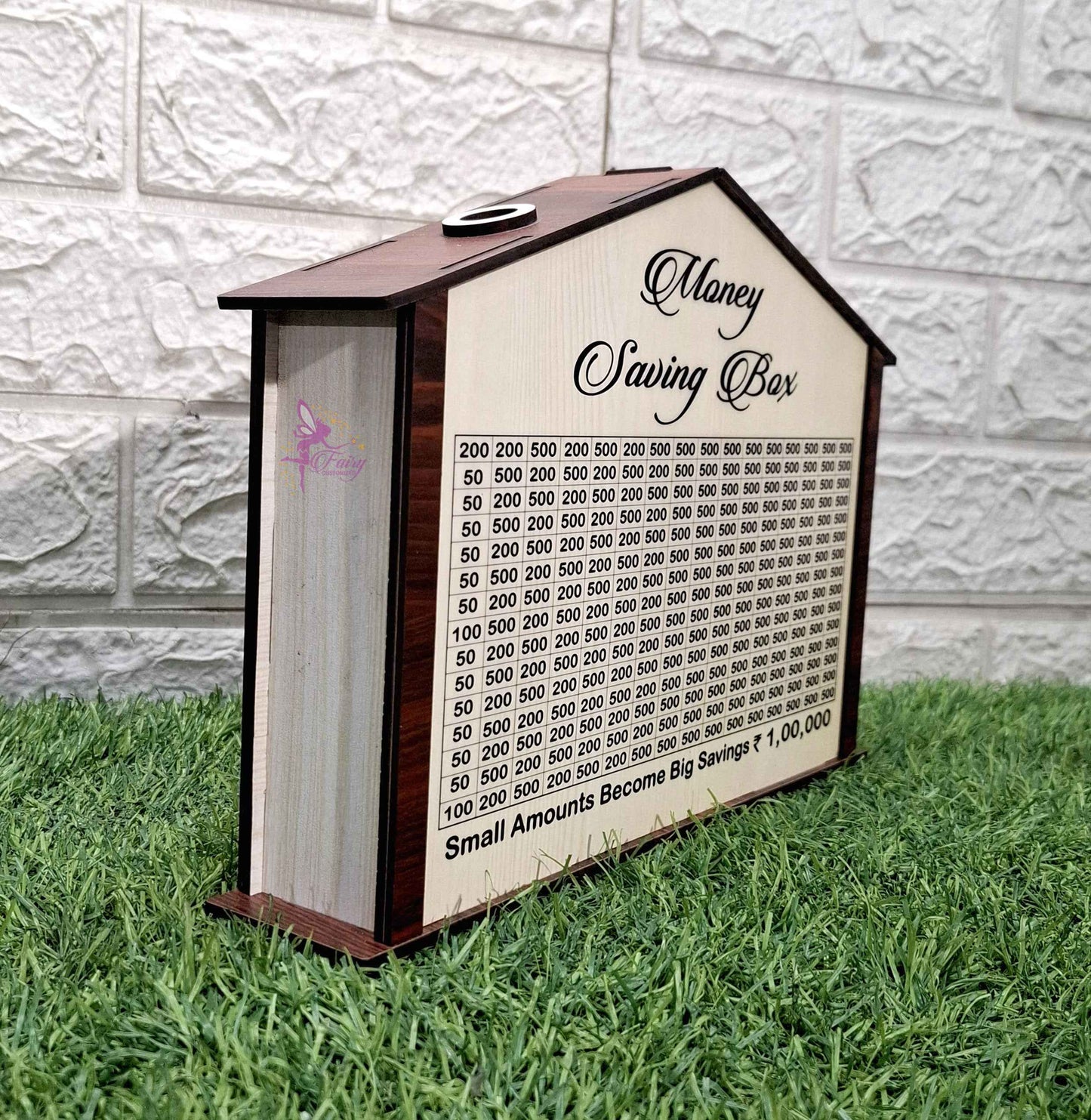 Customized Money Saving Box – Wooden House Design    Customized With name and photo