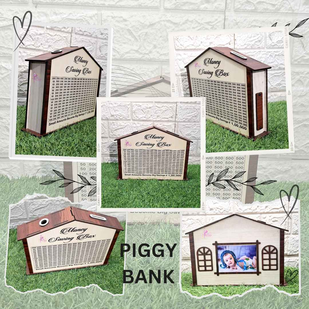 Customized Money Saving Box – Wooden House Design    Customized With name and photo