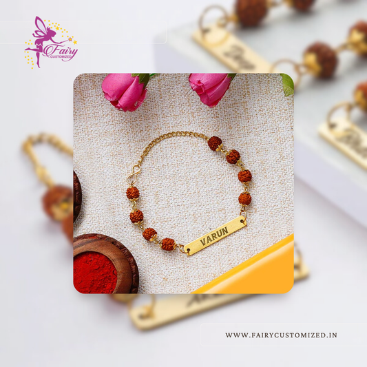 Personalized Metal Rakhi with Rudraksh Chain – Custom Name Engraving