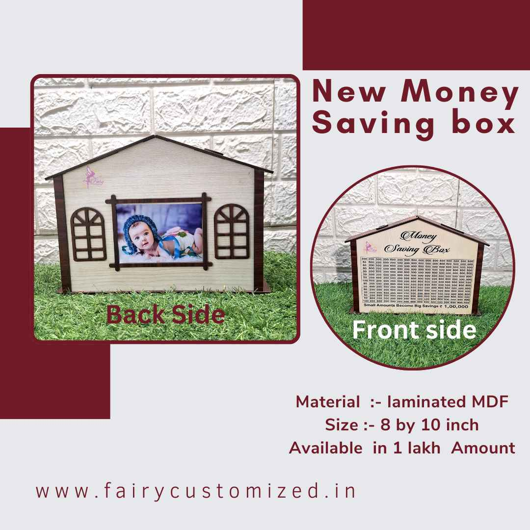 Customized Money Saving Box – Wooden House Design    Customized With name and photo