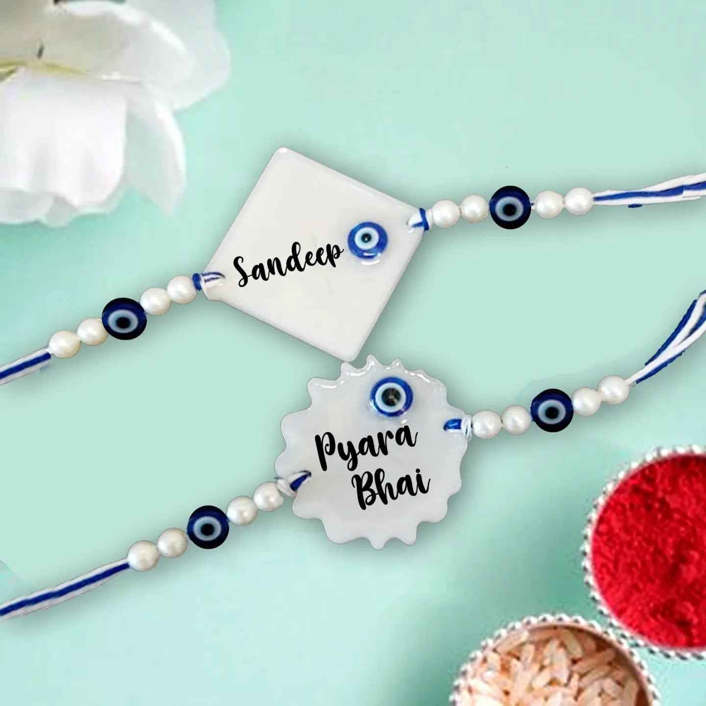 Personalized Resin Rakhi with Name and Evil Eye Beads – Raksha Bandhan Special