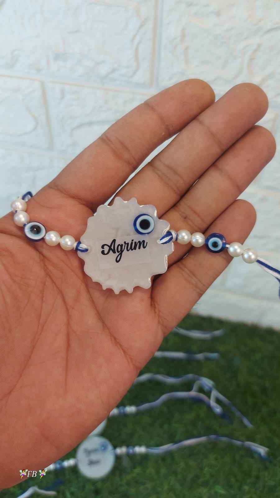 Personalized Resin Rakhi with Name and Evil Eye Beads – Raksha Bandhan Special