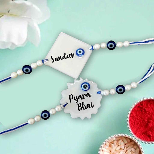 Personalized Resin Rakhi with Name and Evil Eye Beads – Raksha Bandhan Special