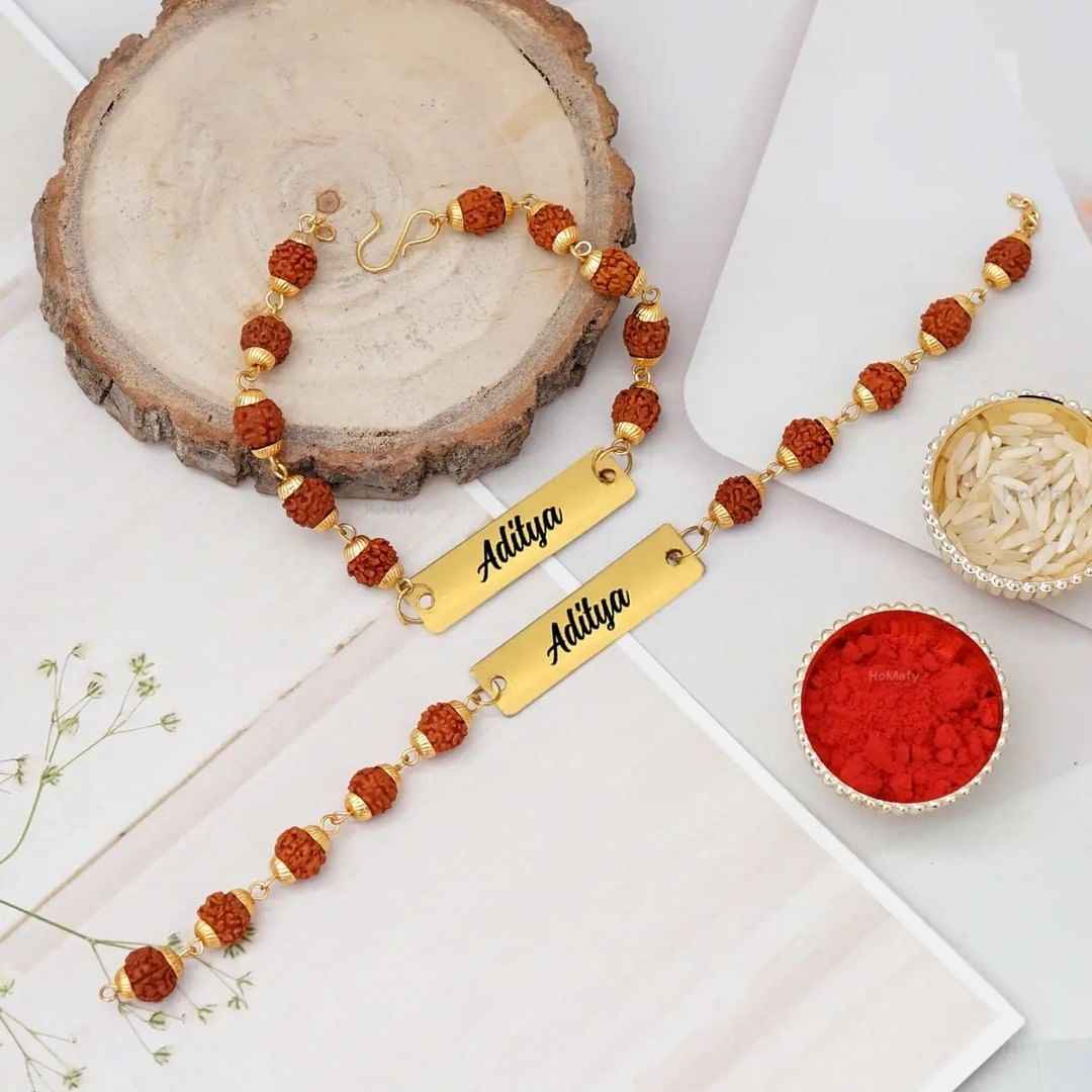 Custom Name Rakhi with Rudraksha Beads – Raksha Bandhan Special