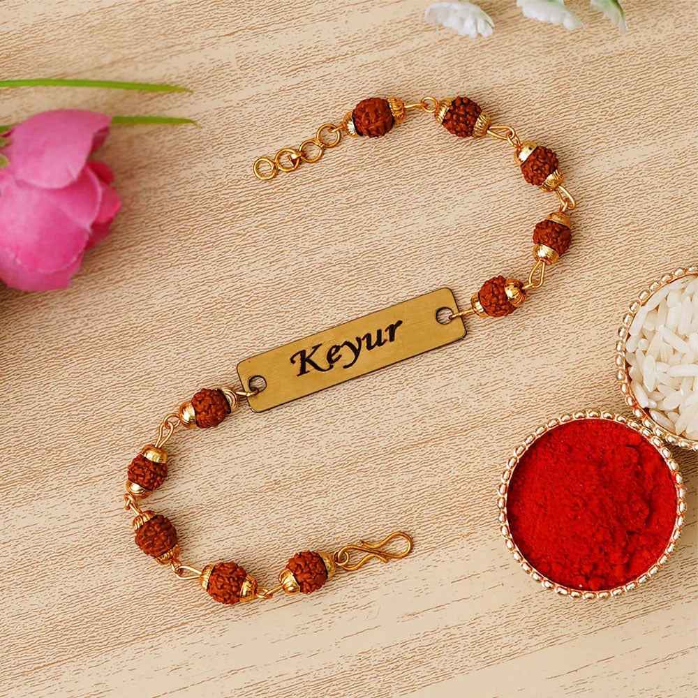 Custom Name Rakhi with Rudraksha Beads – Raksha Bandhan Special