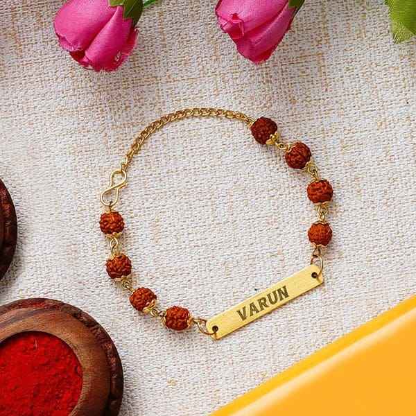 Custom Name Rakhi with Rudraksha Beads – Raksha Bandhan Special